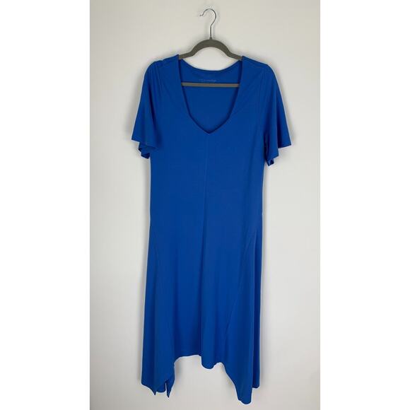 Soft Surroundings Womens Blue Short Sleeve V Neck Dress Asymmetric Hem Size M - Picture 1 of 5
